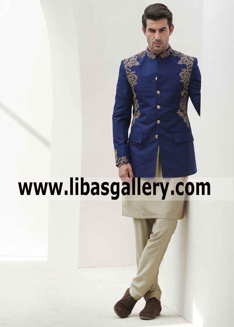 Royal blue Embroidered Prince coat for fair complexion Groom