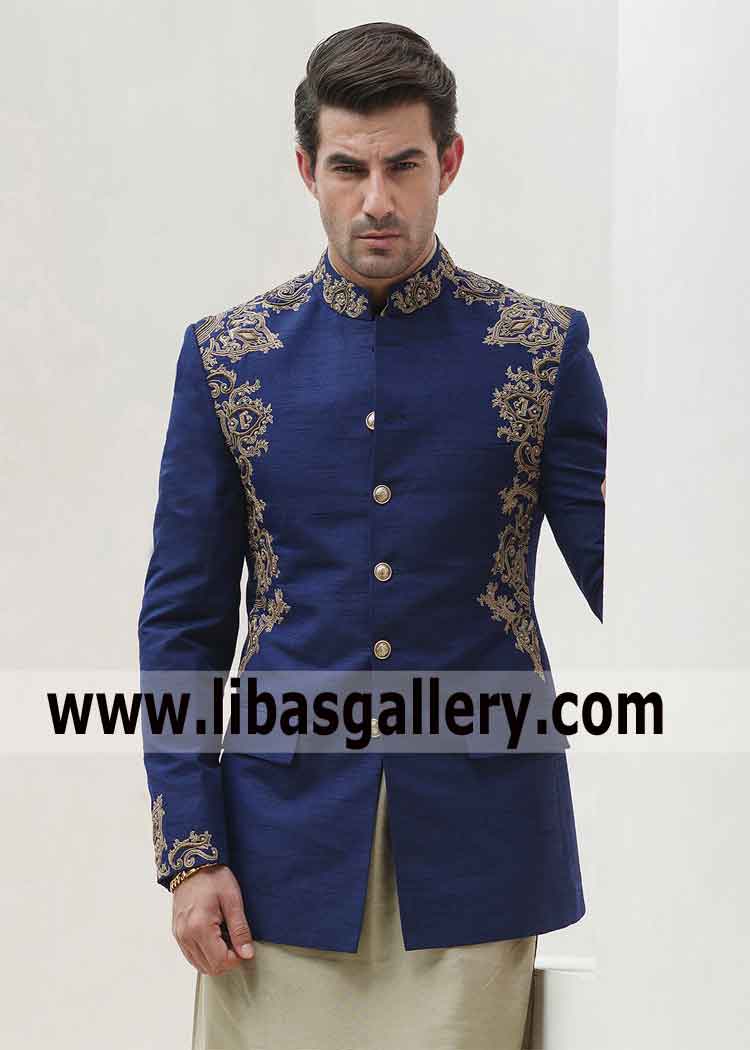 Royal blue Embroidered Prince coat for fair complexion Groom
