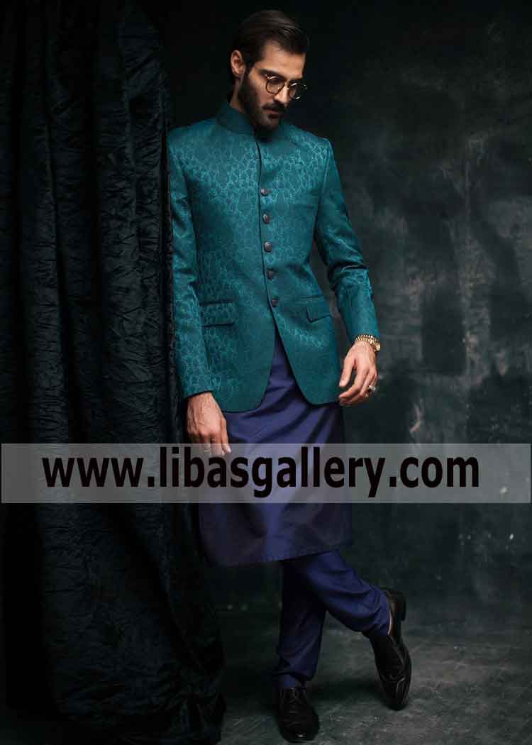 Turquoise karandi jamawar prince coat for barat to be nikahfied compliment with royal blue cotton silk kurta pajama UK USA Canada