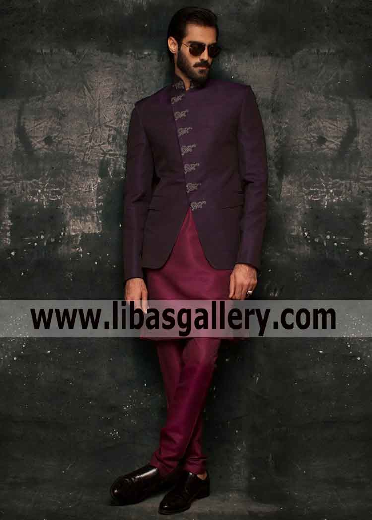 Deep Purple Embroidered Stylish Men`s wear Prince coat