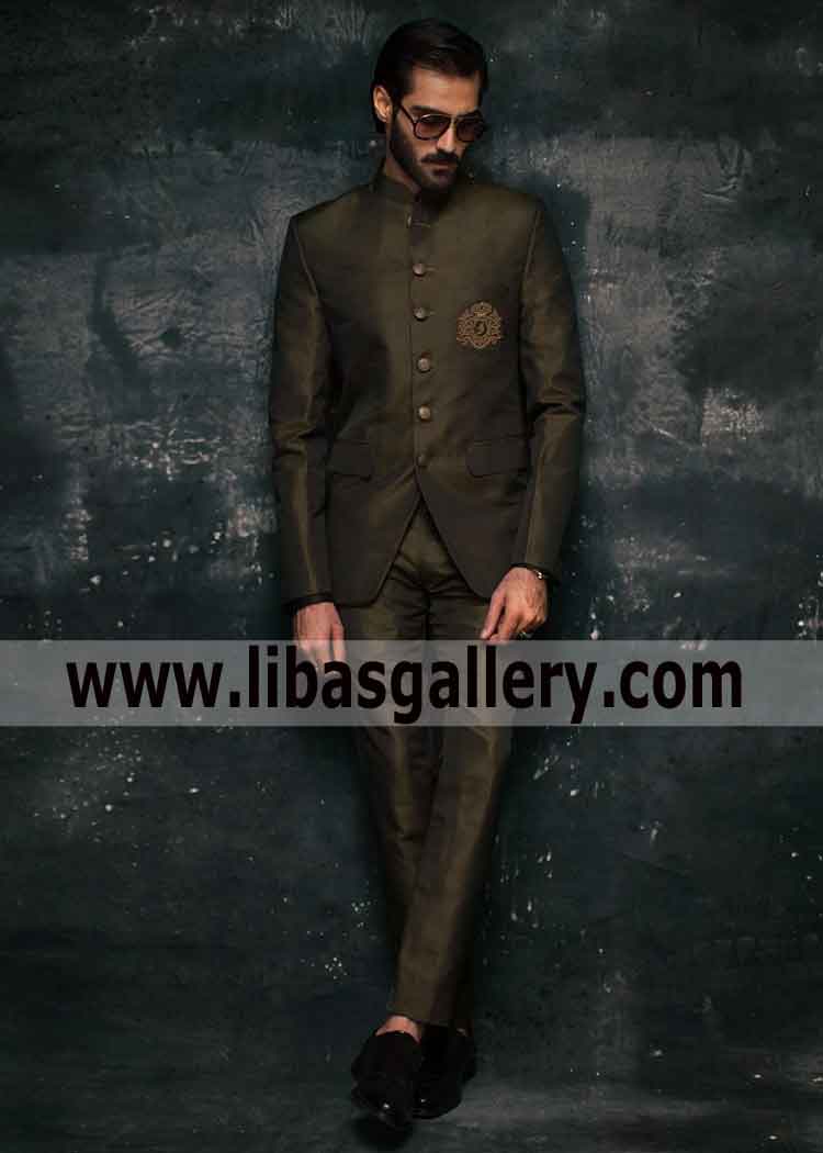 Dark olive green prince coat for gents to wear in Valima and Mehndi event embellishment on pocket antique gold buttons UK USA Canada