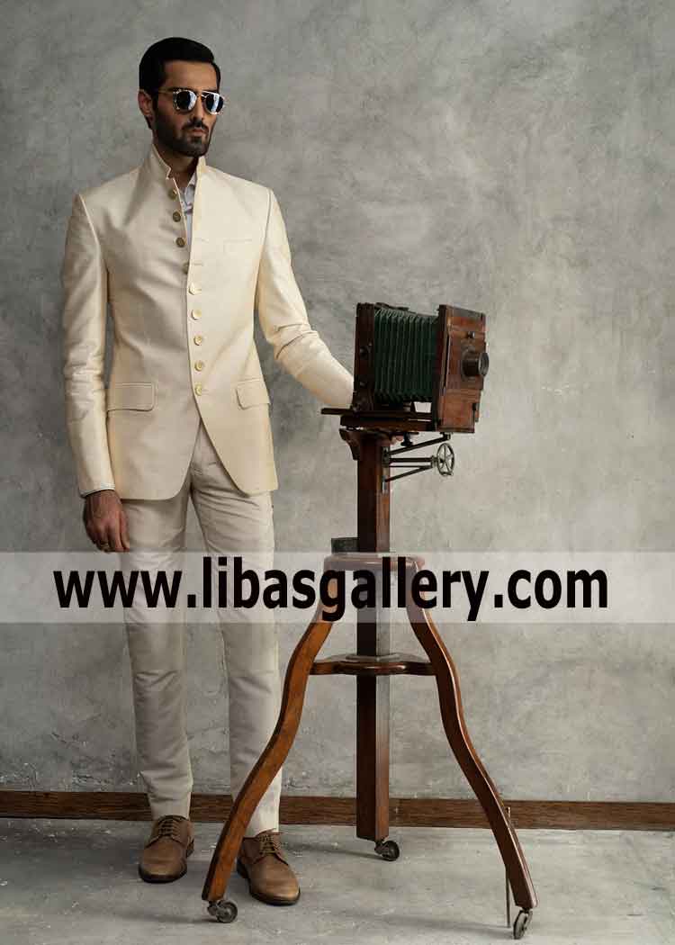 Prince coat sherwani beige color in raw silk premium quality fabric for menFlap pockets golden buttons Idaho Illinois USA