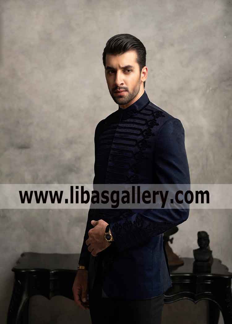 Navy Blue Suiting Fabric Prince coat for Groom
