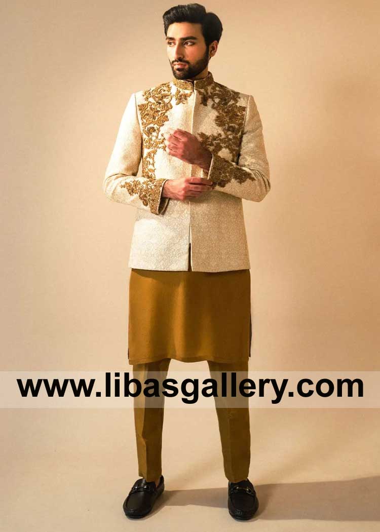 Off White Prince Coat with Antique Gold hand Embellishment