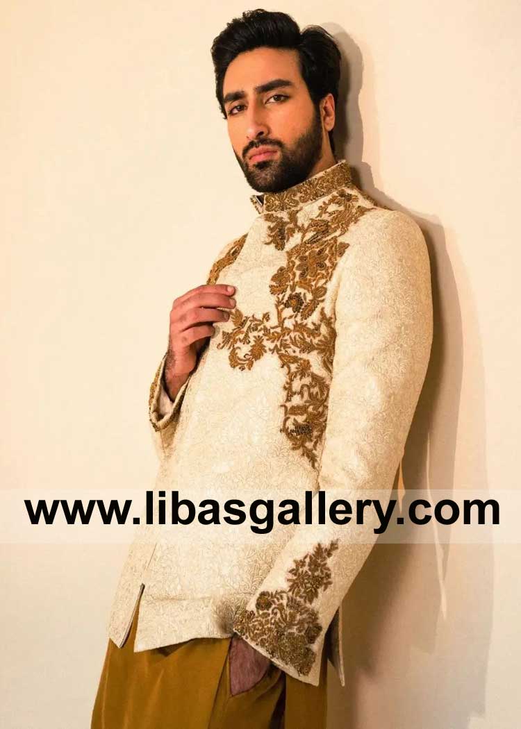 Off White Prince Coat with Antique Gold hand Embellishment
