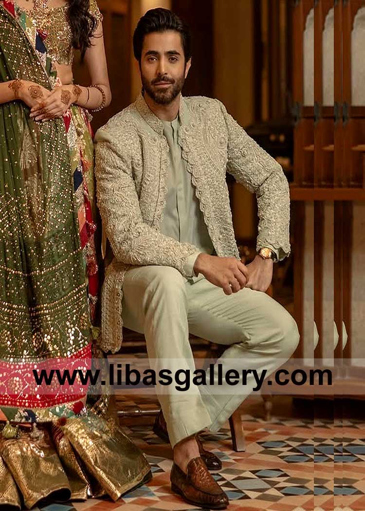 Mint Green Embroidered Jacket Sheheryar Munawar looking dapper on his  Wedding Day with matching Raw silk inner Shirt and Trouser Sugarland los Angeles USA