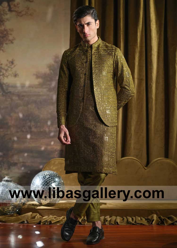 Collection of richly Mirror embellished prince coats along with classic  Embroidered matching kurta Pajama on solid colors London Toronto Perth Dubai New York
