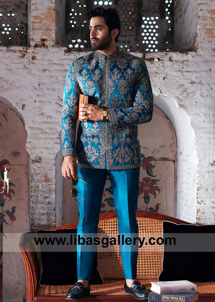 Teal prince coat hand embellished in Raw silk sheheryar Munawar Wearing with same color pants London Toronto Sydney Dubai Washington