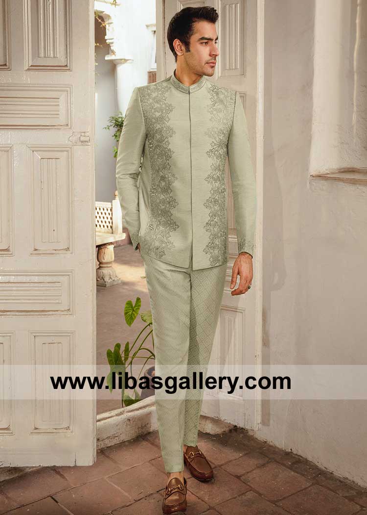 Pistachio green prince coat is lavishly embroidered for Glamourous Man Special Event with Tilla and Thread Embroidered Glasgow Vancouver Doha Dubai Seattle