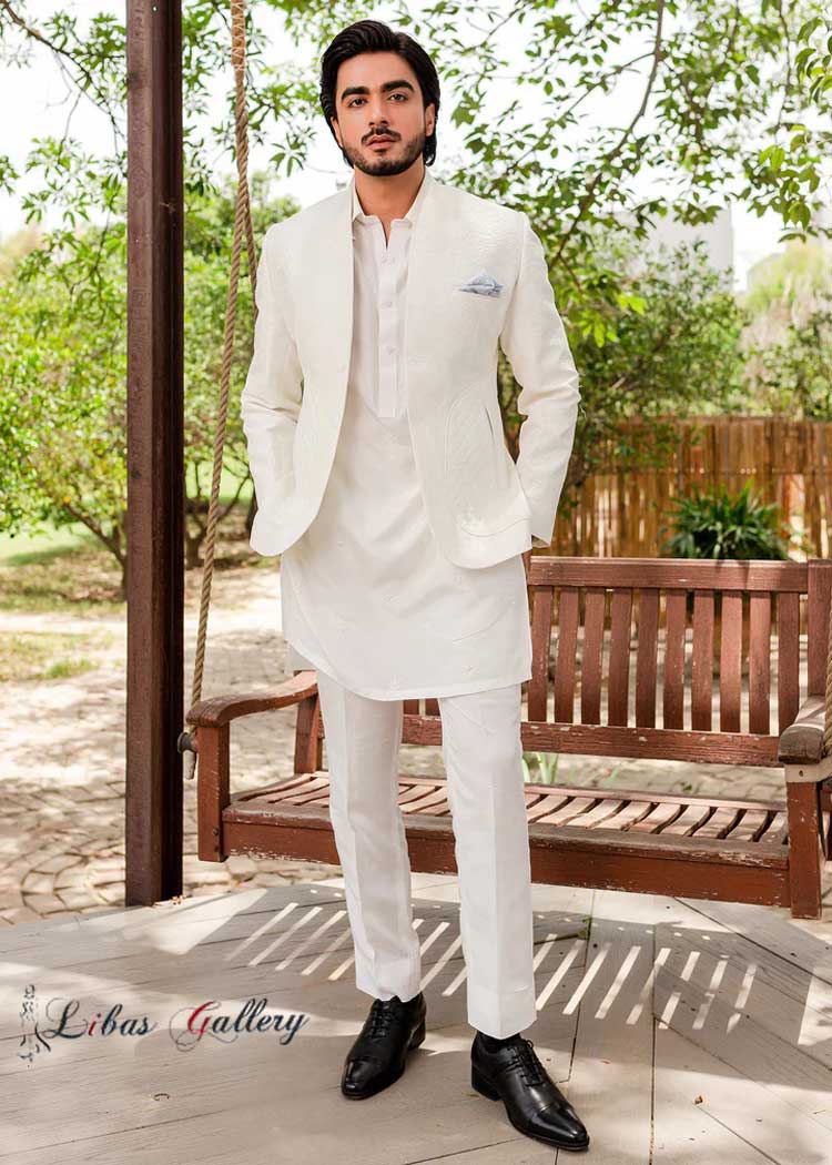 white fine embroidered jacket with classic padded pockets