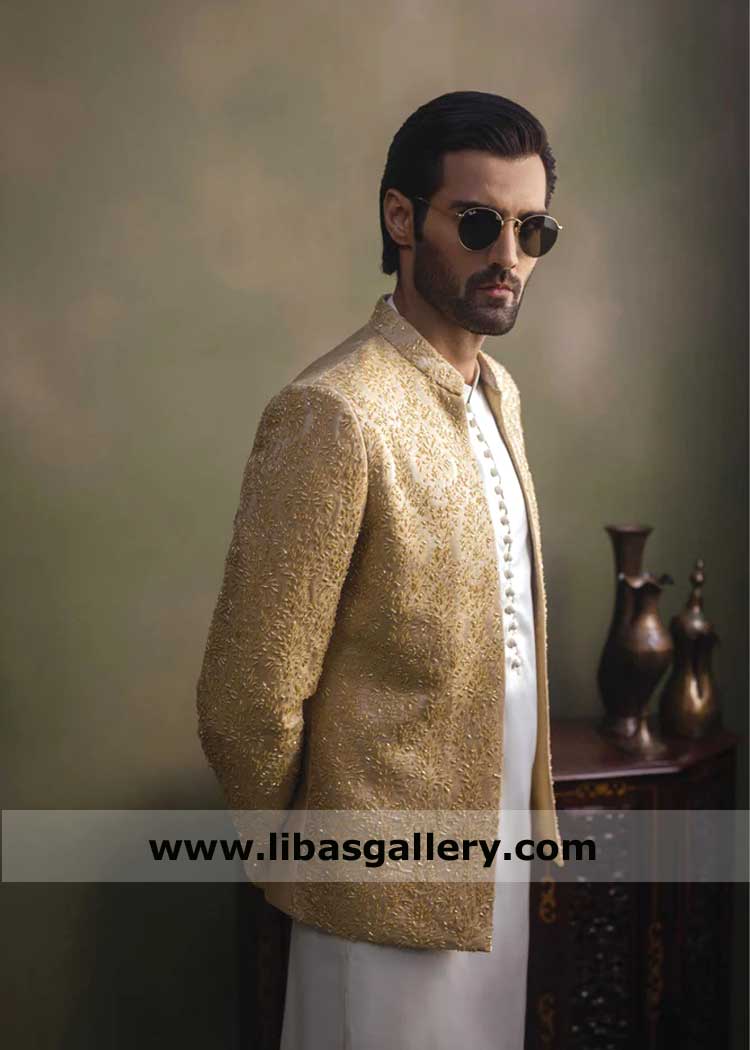 Premium Self Jamawar Beige Open prince Coat