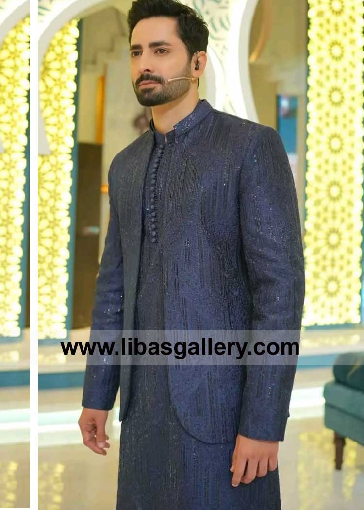 Blue prince coat embroidered with loop buttons kurta and shalwar timeless article Danish Taimoor wearing Sugar land New York California USA