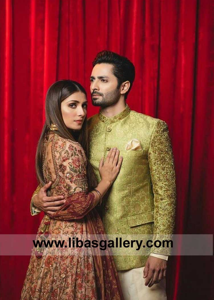 Green Prince coat with finest gold hand embellishment on collar and sleeves paired with off white inner kurta and trouser UK USA Canada Dubai Australia