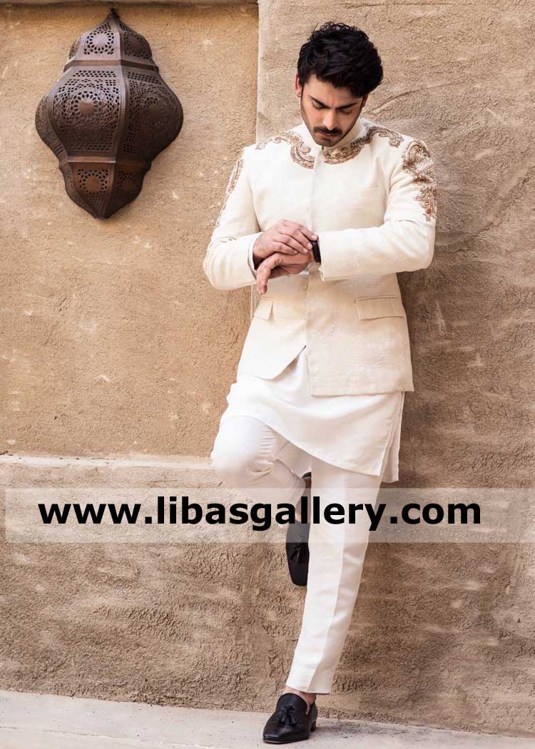 off white high quality antique gold wing hand crafted prince jacket for groom dulha made by karandi fabric paired with kurta pajama matching singapore spain sweden