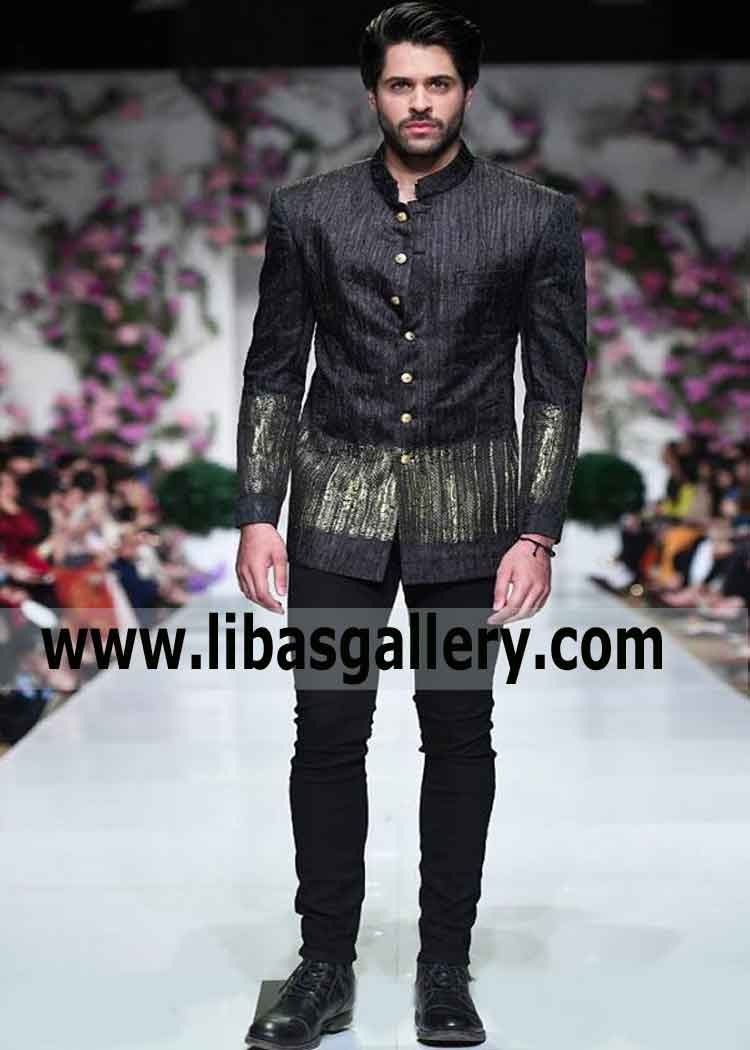 Jamawar black prince coat sherwani for stylish modern man fastest delivery all over the world shop online UK USA Canada Dubai Australia