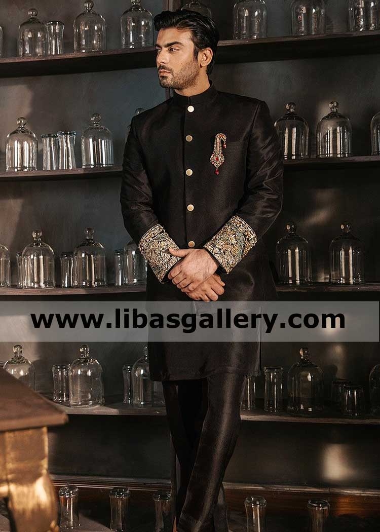 slim fit raw silk Prince coat patent black color over crisp kurta and Pajama inner suit good tribute to bride on barat nikah day South Africa France Asia UAE