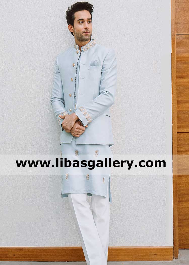 bilal abbas Ice Blue groom embellished collar cuff prince suit and series fabric ball buttons matching inner kurta white pajama saudi arabia qatar usa uk