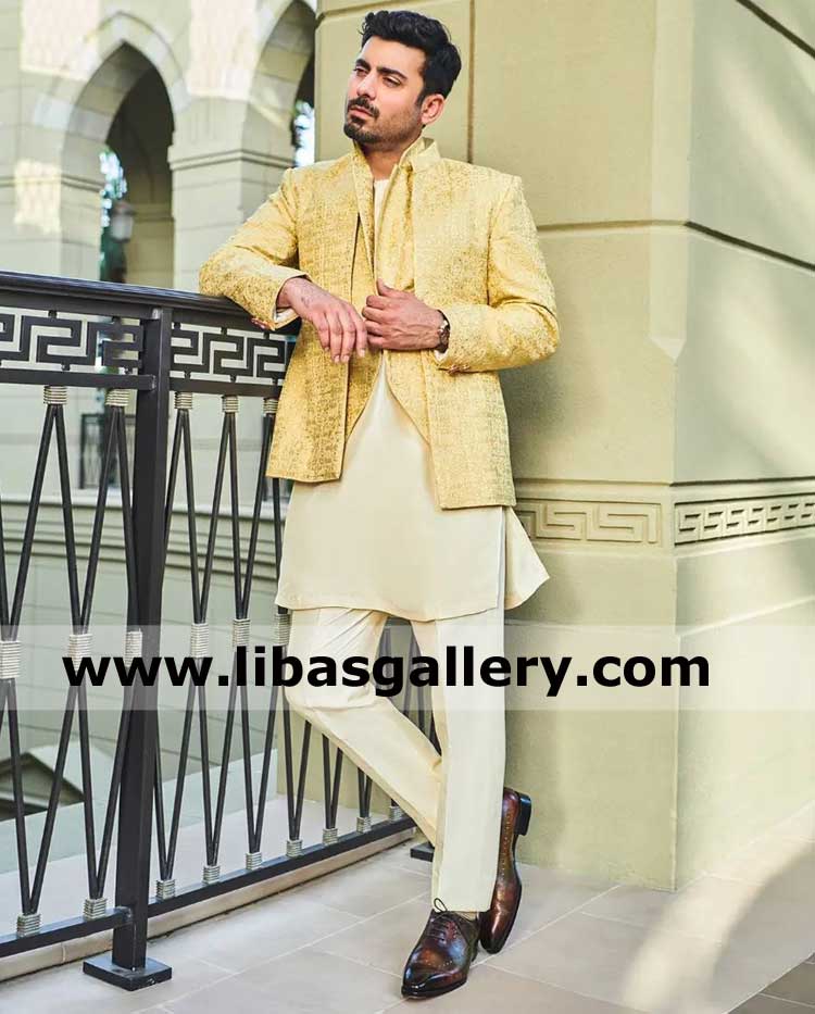 Islamic architecture inspired Avocado color luxury embroidered wedding prince jacket