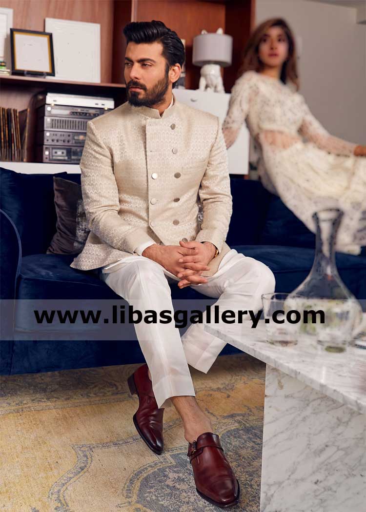 Double breast angrakha style prince suit slim fit silver bush fawad khan showing in jamawar mink grey color with trousers buy online UK USA Canada Australia