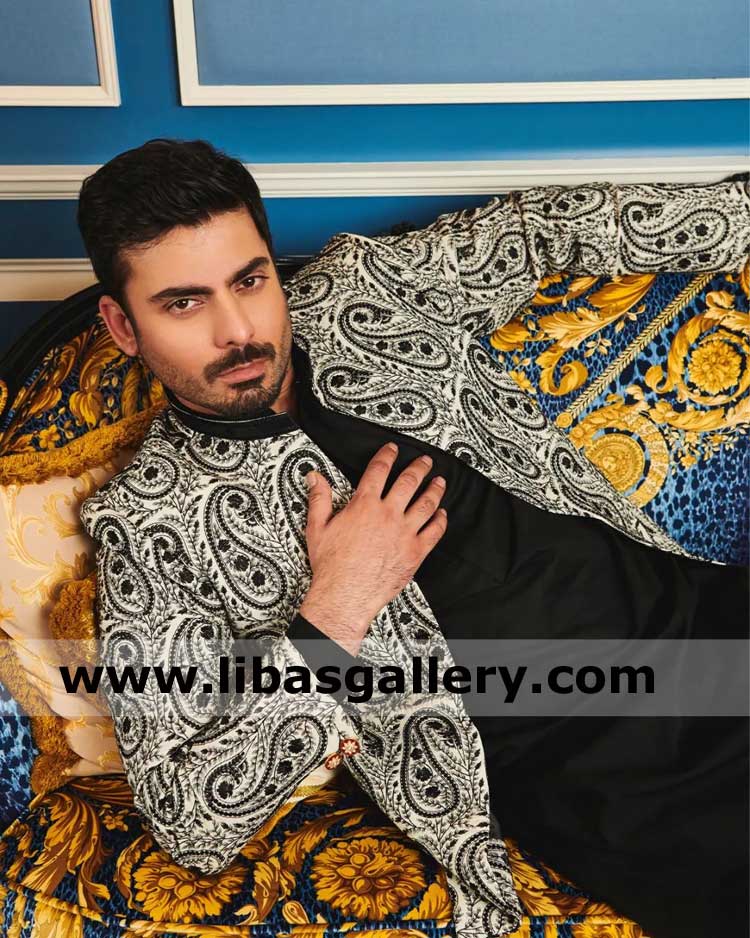 kashmiri paisley inspired ivory embroidered prince jacket for groom dulha