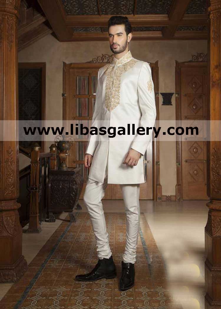 off white embellished prince coat in raw silk jamawar for slim fit groom dulha light color thread kora work france germany usa