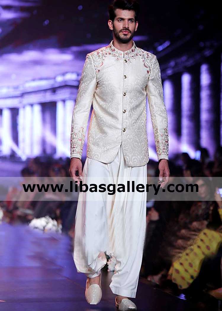 Embroidered jamawar groom prince coat with flared shalwar