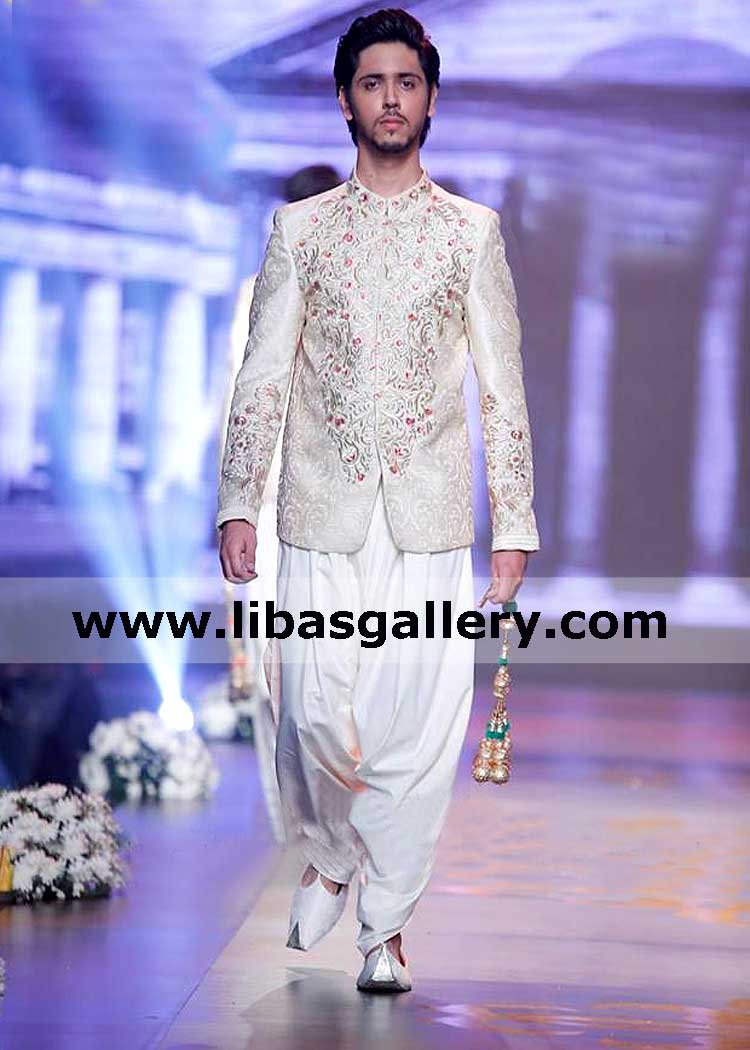 resham thread embroidery on jamawar groom prince coat paired with stylish shalwar delivery on customer agreed time shop online Glasgow Leicester uk