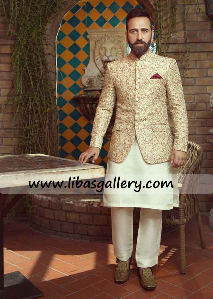 Embroidered prince coat for groom custom made doing love marriage in town compliment with kurta pajama Europe Asia South Africa