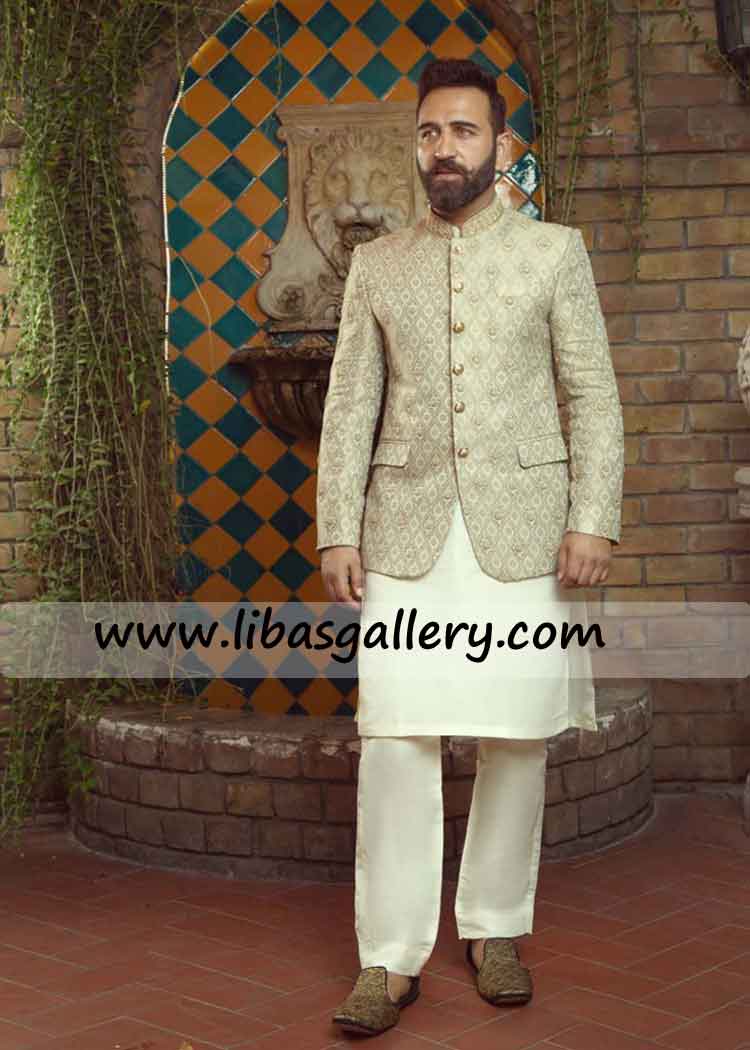 Admiral style groom gray prince coat suit for nikah barat time silver hand  embellishment on raw silk jacket kuwait dubai qatar