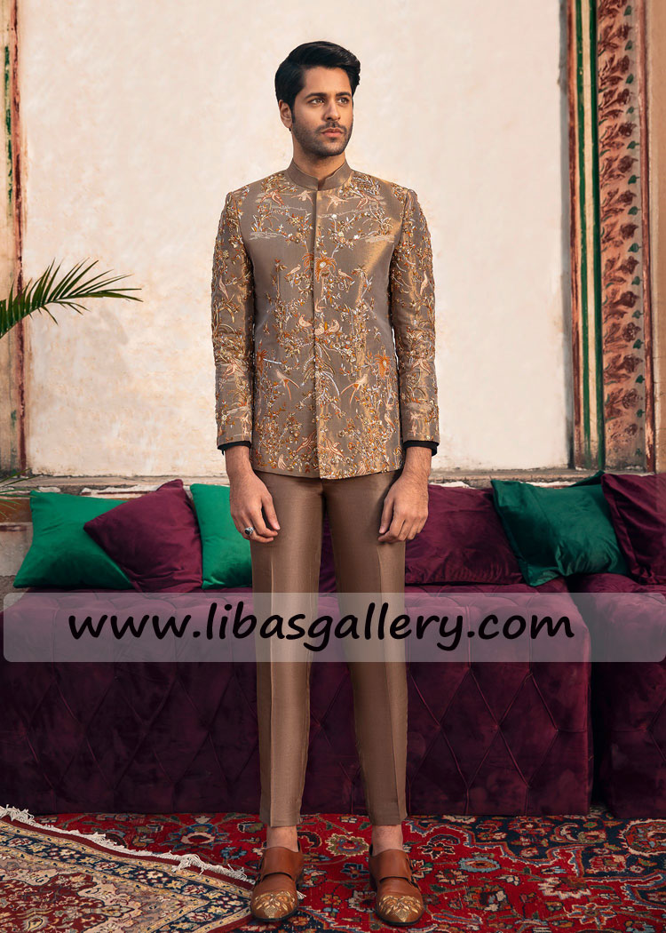 Thread work Bronze Prince coat for Groom Nikah 