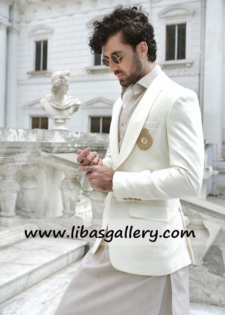 white prince coat front pocket gold motif