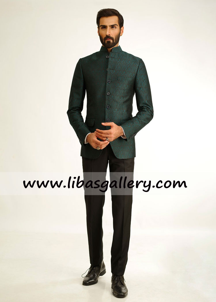 jamawar green prince coat for walima and attend friend wedding event available with brown pants birmingham bradford UK