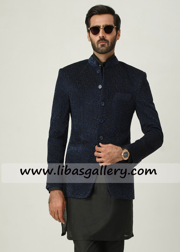 VELVET ABSTRACT EMBROIDERED PRINCE COAT for man with kurta pajama place order online Jacksonville Nashville USA