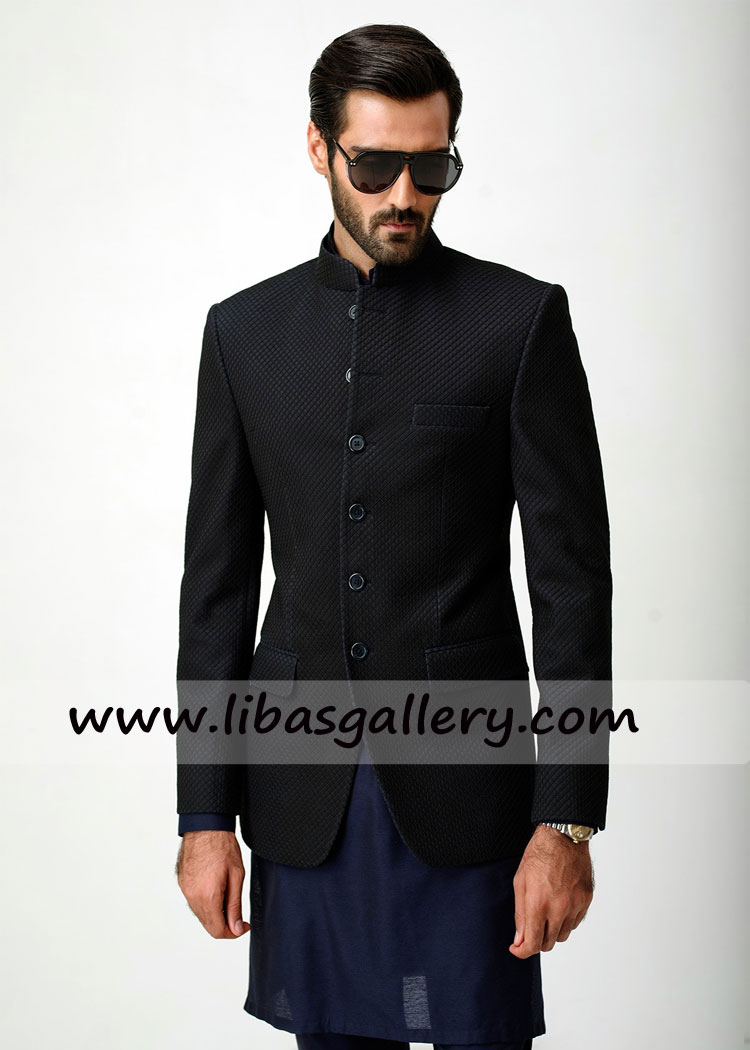 MID NIGHT BLUE EMBROIDERED PRINCE COAT for gents with inner kurta pajama buy online manchester leeds uk