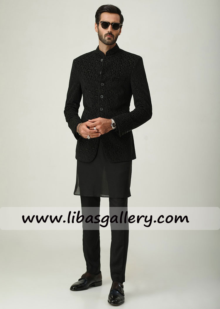 BLACK VELVET ABSTRACT EMBROIDERED PRINCE COAT for groom dulha walima day and party auckland wellington new zealand