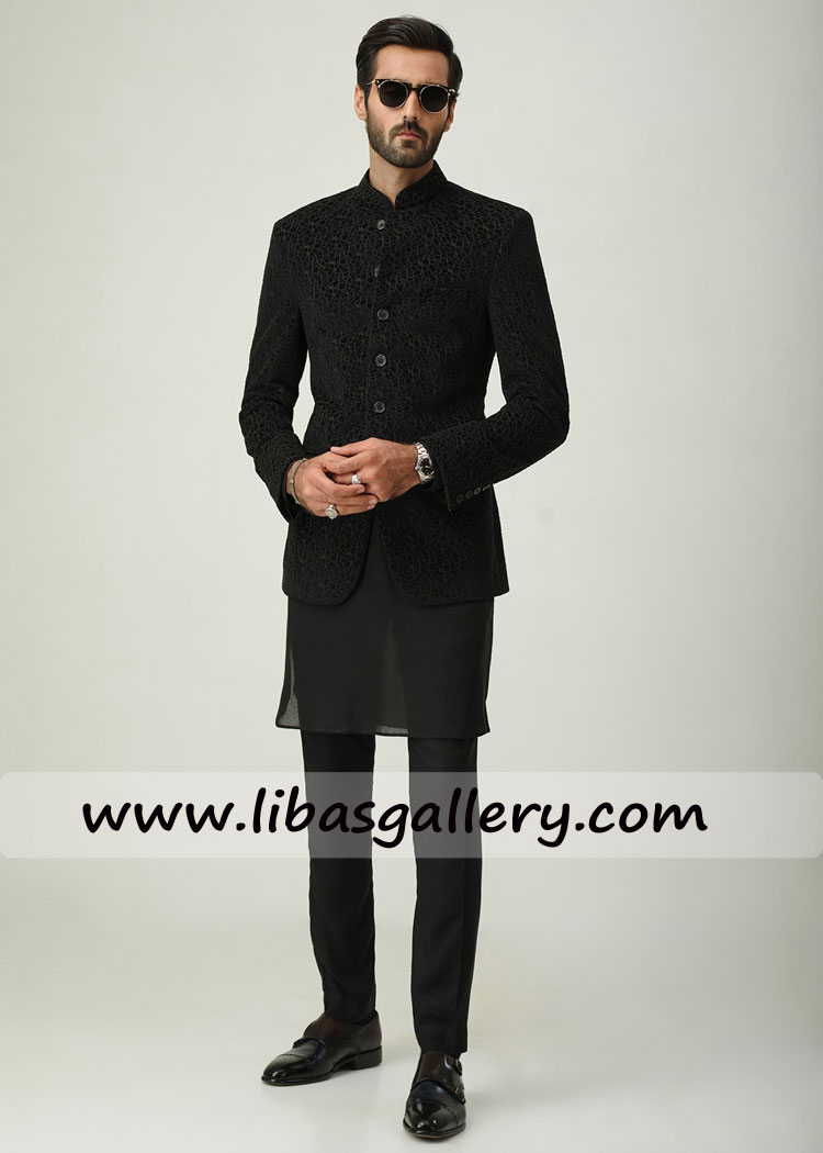 BLACK VELVET ABSTRACT EMBROIDERED PRINCE COAT