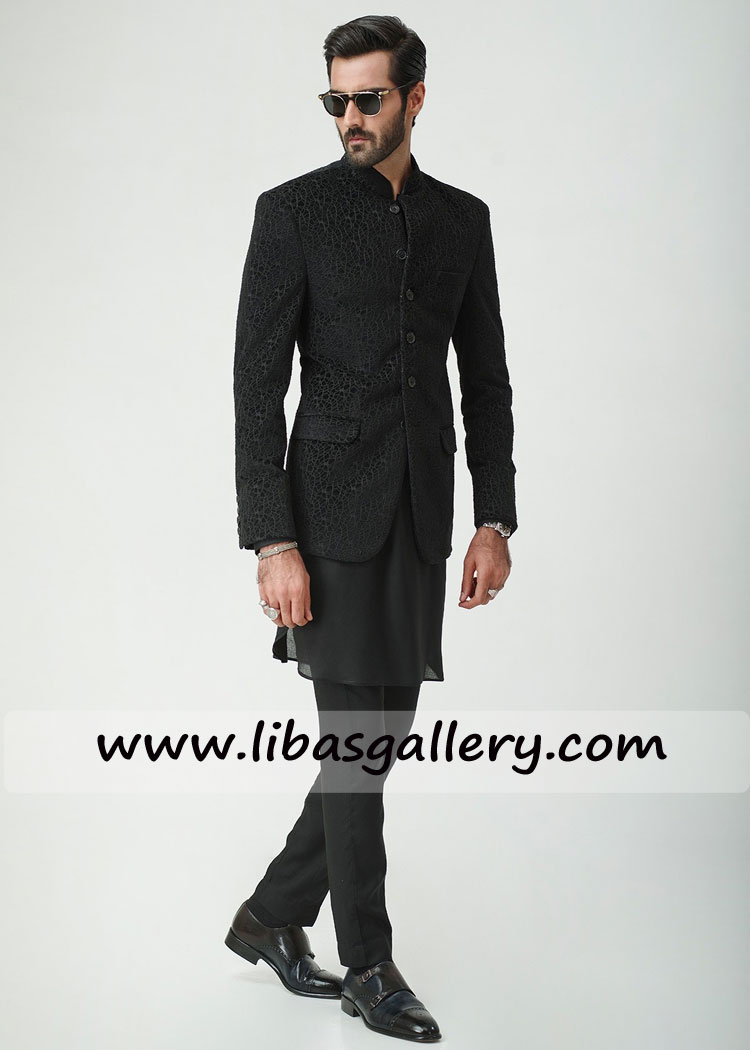 BLACK VELVET ABSTRACT EMBROIDERED PRINCE COAT