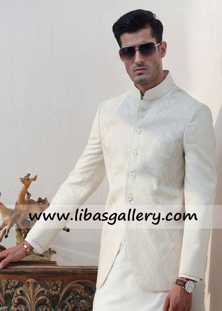 fancy type embroidered white prince coat for gents to attend friend gathering and corporate walima dinner uk usa canada