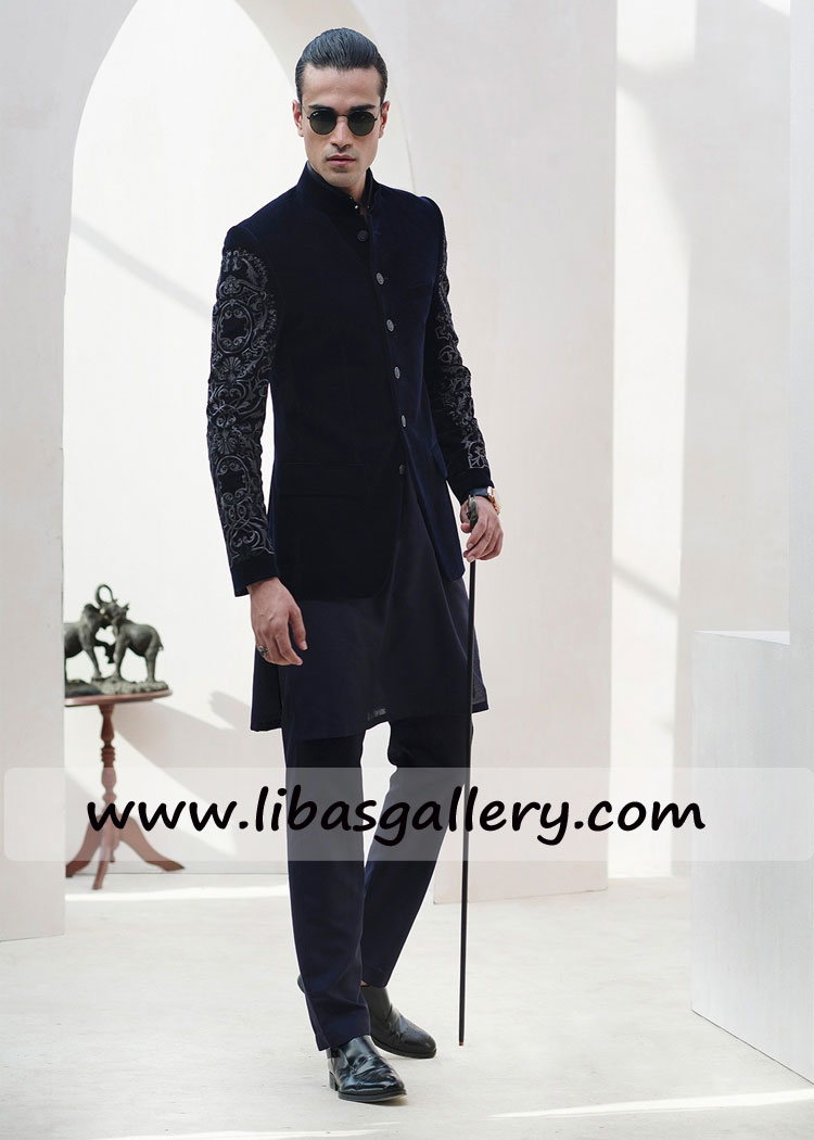 Navy blue velvet hats off embroidered prince coat for gents wedding anniversary and wlaima uk usa canada