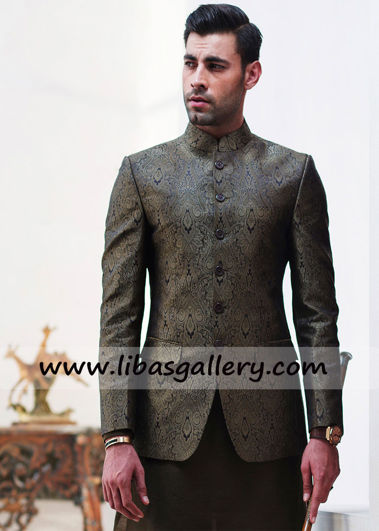 jamawar brocade prince cost in green color for men custom made prince coat for mehndi and walima event uk usa canada
