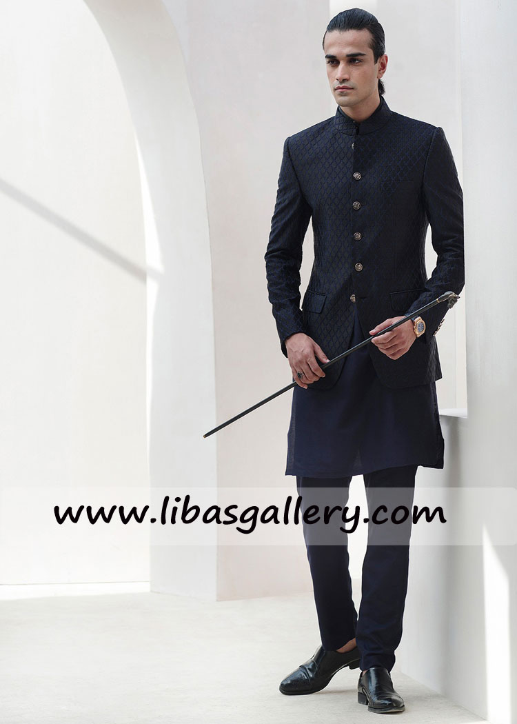 Finest Fabric black luxurious embroidered prince coat for walima and barat day for groom kansas  new york city USA