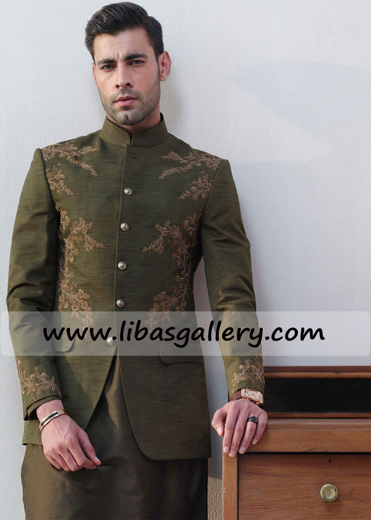 Heritage Green raw silk prince coat hand embellished libas gallery offering best price custom made item Coventry derby uk