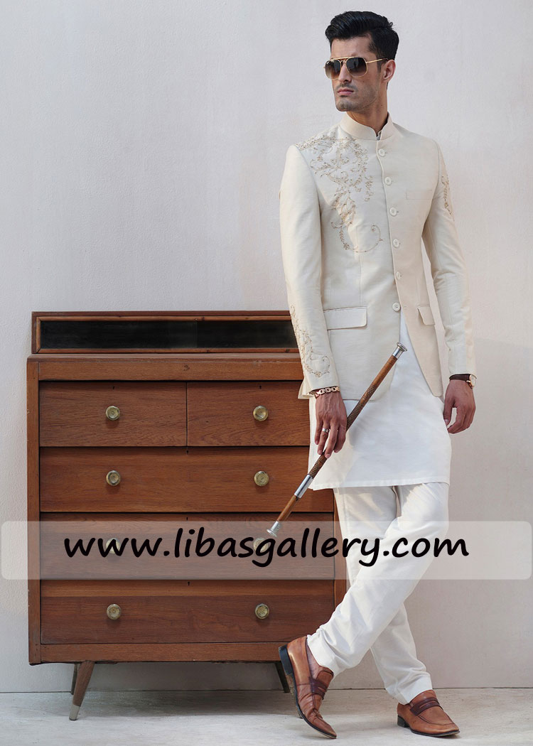 IVORY RAWSILK HAND EMBROIDERED PRINCE COAt