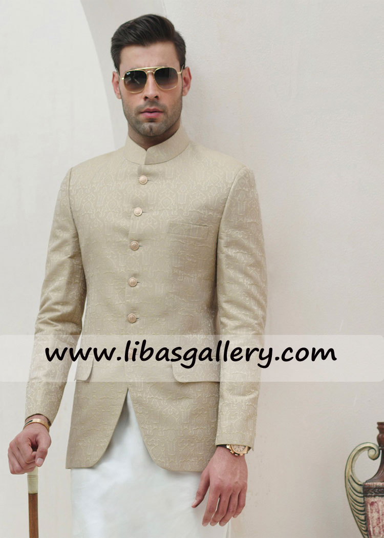 BEIGE jamawar FABRIC PRINCE COAT for royal type gents wedding and barat event place order for summer wedding Rochester Yonkers USA