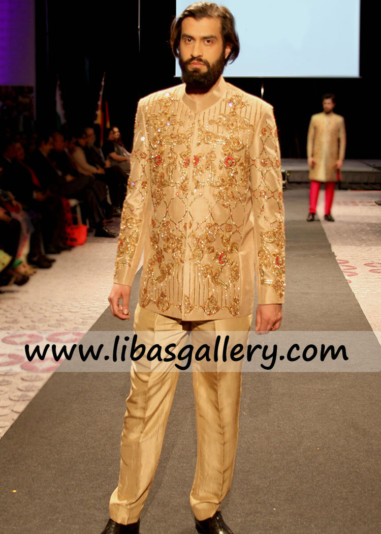 Cool Groom showing embellished wedding prince coat 