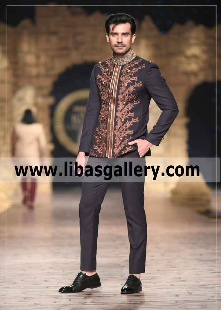 Black Groom Embroidered precious prince coat suit for barat and walima shop online for your damad sharjah dubai uae