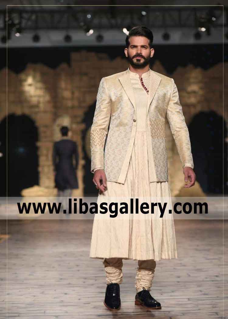 gold prince coat with anarkali style inner kurta for groom barat and nikah event order online from uk usa canada
