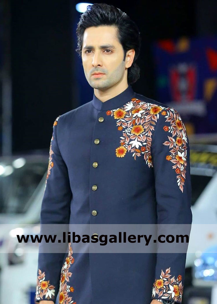 actor danish taimoor wearing dark blue prince coat multi color beautiful resham thread embroidery on both front panel and sleeves uk dubai usa