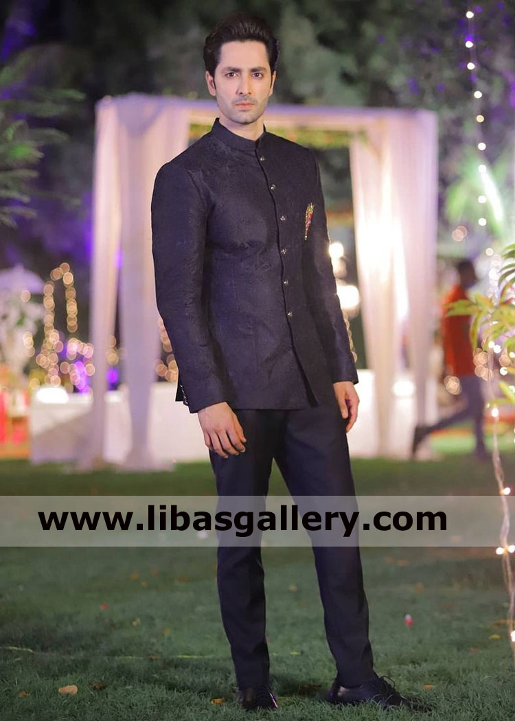 tv film actor danish taimoor wearing nomi ansari embroidered prince coat with wife ayeza khan in wedding custom made item uk usa canada