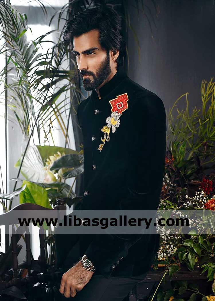 black velvet prince coat hasnain lehri wearing colorful motif on left panel custom made uk usa canada